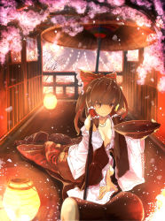 Rule 34 | 1girl, alcohol, bare shoulders, bow, breasts, brown hair, cherry blossoms, collarbone, cup, female focus, flat chest, hair bow, hair tubes, hakurei reimu, highres, japanese clothes, jewelry, lantern, muso-comet, necklace, no bra, off shoulder, oil-paper umbrella, open clothes, paper lantern, pearl necklace, petals, ponytail, sakazuki, sake, smile, solo, touhou, umbrella