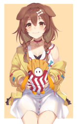 Rule 34 | 1girl, :3, animal ears, arl, blue bow, blush, bone hair ornament, border, bow, braid, breasts, brown eyes, brown hair, cleavage, closed mouth, collar, collarbone, creature, dog ears, dog girl, dress, fall guy, fall guys, food, french fries, hair ornament, holding, hololive, inugami korone, inugami korone (1st costume), jacket, long hair, long sleeves, looking at viewer, medium breasts, off shoulder, open clothes, open jacket, outside border, red bow, simple background, single bare shoulder, sitting, smile, twin braids, virtual youtuber, white border, white dress, yellow background, yellow jacket