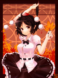 Rule 34 | 1girl, autumn leaves, bad id, bad pixiv id, belt, black hair, breasts, feathers, framed, hand fan, hat, hat ribbon, highres, large breasts, looking at viewer, outside border, pointy ears, puffy short sleeves, puffy sleeves, pyonsuke (pyon2 mfg), red eyes, ribbon, shameimaru aya, shirt, short sleeves, skirt, smile, solo, tokin hat, touhou