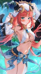 Rule 34 | 1girl, aqua eyes, armpits, arms up, blue bow, blue skirt, blue sky, blurry, blurry background, blush, bow, breasts, brooch, circlet, cleavage, cowboy shot, crop top, detached sleeves, genshin impact, gold trim, harem outfit, highres, horns, jewelry, long hair, long sleeves, looking at viewer, medium breasts, navel, neck ring, nilou (genshin impact), outdoors, parted lips, puffy long sleeves, puffy sleeves, red hair, revealing clothes, skirt, sky, solo, stomach, thighs, veil, vision (genshin impact), water, wet, white sleeves, yamamoto (ymmt is sexy)