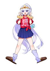 1girl absurdly_long_hair aurora_sya_lis_kaymin blunt_bangs crown dotaku duct_tape full_body grey_hair highres long_hair loose_socks magazine_(object) maou-jou_de_oyasumi official_art open_mouth pleated_skirt purple_eyes shirt skirt slippers socks star_(symbol) star_in_eye straight_hair symbol-shaped_pupils symbol_in_eye t-shirt tachi-e very_long_hair white_hair