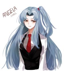 Rule 34 | 1girl, absurdres, angela (project moon), blouse, breasts, character name, cropped torso, hamul, highres, lobotomy corporation, long hair, necktie, project moon, red necktie, shirt, signature, simple background, solo, tagme, very long hair, waistcoat, white background, white shirt