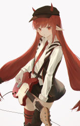 Rule 34 | 7ife, absurdres, arknights, asymmetrical legwear, bad id, bad pixiv id, black headwear, black legwear, black skirt, black vest, collared shirt, dress shirt, electric guitar, guitar, hair ornament, hairclip, highres, horns, horns through headwear, instrument, long hair, long sleeves, looking at viewer, low-tied long hair, low twintails, miniskirt, mismatched legwear, music, open clothes, open vest, parted lips, playing instrument, pointy ears, red eyes, red hair, red legwear, shirt, simple background, skirt, thighhighs, twintails, very long hair, vest, vigna (arknights), white background, white shirt, zettai ryouiki