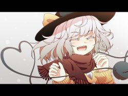 Rule 34 | 1girl, ^ ^, bad id, bad pixiv id, closed eyes, dise (psychoro), female focus, hat, heart, heart of string, highres, komeiji koishi, letterboxed, scarf, shirt, silver hair, smile, snowing, solo, third eye, touhou, upper body