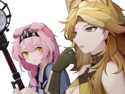 Rule 34 | 2girls, absurdres, animal ears, arknights, bare shoulders, black gloves, black hairband, blonde hair, breasts, brown eyes, cat ears, cleavage, commentary, gloves, goldenglow (arknights), grey jacket, hair between eyes, hairband, hand up, highres, holding, holding staff, jacket, long hair, looking at another, multiple girls, open mouth, pink hair, quercus (arknights), simple background, staff, upper body, white background, yellow eyes, yuu azma