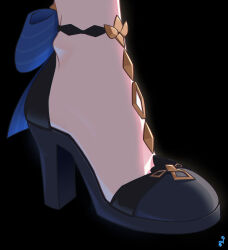Rule 34 | 1girl, absurdres, artist logo, black background, black footwear, blue bow, bow, commentary, commission, english commentary, feet, feet only, foot focus, footwear focus, ganyu (genshin impact), genshin impact, high heels, highres, mohoshadream, simple background, solo, strappy heels, striped bow