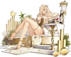 Rule 34 | 1girl, alcohol, artist request, azur lane, blonde hair, bottle, bracelet, breasts, cake, collarbone, cotton ball, couch, crossed legs, cup, dress, drinking glass, earrings, evening gown, food, full body, gold dress, gold footwear, hair over one eye, high heels, highres, jewelry, large breasts, legs, long hair, looking at viewer, manjuu (azur lane), nevada (a magnificent banquet) (azur lane), nevada (azur lane), official alternate costume, official art, one eye covered, open mouth, parted lips, revealing clothes, sitting, solo, star (symbol), star earrings, table, thigh strap, transparent background, wine, wine bottle, wine glass, yellow eyes