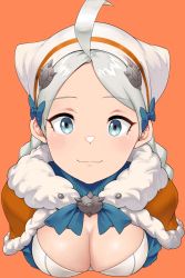 Rule 34 | 1girl, absurdres, ahoge, alternate costume, annette fantine dominic, annette fantine dominic (cosplay), blue eyes, bow, braid, breasts, cleavage, closed mouth, commission, commissioner upload, cosplay, fire emblem, fire emblem: three houses, fire emblem fates, fire emblem warriors, fire emblem warriors: three hopes, fluffy, grey hair, highres, igni tion, looking at viewer, medium breasts, nina (fire emblem), nintendo, non-web source, orange background, solo, twin braids, upper body