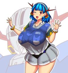 Rule 34 | 1girl, absurdres, blue hair, blush, breasts, collared shirt, cowboy shot, erkaz, hairband, hands up, highres, huge breasts, mecha, medium hair, one eye closed, open mouth, original, outline, pleated skirt, red eyes, rina atherina, robot, scrunchie, shirt, short sleeves, skirt, solo, thighs, white outline, wrist scrunchie