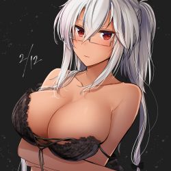 Rule 34 | 1girl, arms under breasts, bare shoulders, black bra, blush, bra, breasts, closed mouth, collarbone, dark-skinned female, dark skin, dated, expressionless, glasses, hair between eyes, headgear, highres, kantai collection, large breasts, lingerie, long hair, looking at viewer, musashi (kancolle), musashi kai ni (kancolle), red eyes, sidelocks, solo, strap slip, twintails, two side up, underwear, upper body, yunamaro