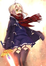 Rule 34 | 1girl, ahoge, artoria pendragon (all), artoria pendragon (fate), backlighting, black-framed eyewear, black coat, black thighhighs, blonde hair, blue shirt, coat, covered mouth, drawstring, excalibur (fate/stay night), fate/grand order, fate (series), garter straps, glasses, glowing, glowing sword, glowing weapon, hair between eyes, highres, holding, holding sword, holding weapon, long sleeves, looking to the side, mysterious heroine x alter (fate), mysterious heroine x alter (first ascension) (fate), neckerchief, open clothes, open coat, orange eyes, plaid, plaid scarf, pleated skirt, pocket, red neckerchief, red scarf, ricar, saber (fate), scarf, school uniform, semi-rimless eyewear, serafuku, shirt, short hair, skirt, solo, sword, thighhighs, under-rim eyewear, unsheathed, weapon, winter clothes, winter coat, yellow eyes, zettai ryouiki