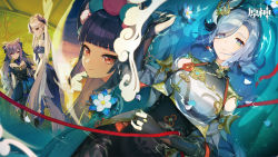 Rule 34 | 4girls, artist request, black dress, black hair, blue eyes, blunt bangs, bodysuit, breast curtain, breasts, clothing cutout, dress, fedora, flower, genshin impact, gold trim, hair ornament, hair over one eye, hand on own stomach, hat, highres, hip vent, keqing (genshin impact), keqing (opulent splendor) (genshin impact), large breasts, lying, multiple girls, ningguang (genshin impact), ningguang (orchid&#039;s evening gown) (genshin impact), official art, parted lips, red eyes, ripples, shenhe (genshin impact), shoulder cutout, smile, water, white hair, yun jin (genshin impact)