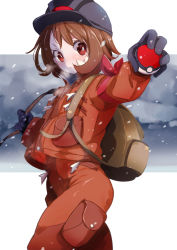 Rule 34 | 1girl, arm ribbon, backpack, bag, black gloves, black headwear, blush, brown bag, brown eyes, brown hair, chorimokki, closed mouth, commentary request, creatures (company), expedition uniform, eyelashes, game freak, gloria (pokemon), gloves, hard hat, helmet, holding, holding poke ball, holding strap, jacket, looking to the side, nintendo, orange jacket, orange pants, outstretched arm, pants, poke ball, poke ball (basic), pokemon, pokemon swsh, red ribbon, ribbon, snow, snowing, solo