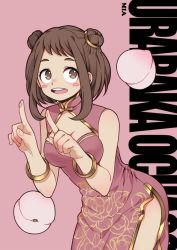 Rule 34 | 10s, 1girl, alternate costume, alternate hairstyle, artist name, bad id, bad twitter id, blush stickers, boku no hero academia, bracelet, breasts, brown eyes, brown hair, character name, china dress, chinese clothes, cleavage, cleavage cutout, clothing cutout, double bun, dress, food, fruit, index fingers raised, jewelry, leaning forward, looking at viewer, medium breasts, mia0309, peach, pink background, pink dress, short hair, side slit, solo, uraraka ochako