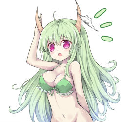 Rule 34 | 1girl, bad id, bad pixiv id, bottomless, bra, breasts, cleavage, ex-keine, fang, female focus, green bra, green hair, horn ornament, horn ribbon, horns, kamishirasawa keine, large breasts, long hair, navel, object on head, open mouth, out-of-frame censoring, panties, panties on head, unworn panties, pink eyes, ribbon, simple background, smile, solo, sseopik, touhou, underwear, underwear only, very long hair