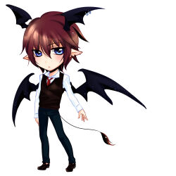 Rule 34 | 1boy, black footwear, black vest, black wings, blue eyes, blue pants, blush, brown hair, closed mouth, collared shirt, commentary, demon boy, demon tail, demon wings, earrings, expressionless, full body, hair between eyes, head wings, highres, jewelry, lanmei jiang, loafers, long bangs, looking at viewer, male focus, ming wei aiqing de chibang, multiple earrings, necktie, pants, pointy ears, red necktie, shirt, shoes, short hair, simple background, solo, standing, tail, vest, white background, white shirt, wings
