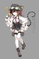 Rule 34 | 1girl, brown footwear, brown hair, fang, fang out, goggles, goggles on headwear, gun, hair between eyes, handgun, hat, holding, holding weapon, medium hair, original, pistol, red eyes, saru, sketch, skirt, smile, solo, tail, thighhighs, weapon, white thighhighs