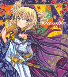 Rule 34 | 1girl, adapted costume, belt, blonde hair, blush, brooch, cape, closed mouth, colorful, commentary request, cowboy shot, detached sleeves, earmuffs, floral print, frills, gold trim, hair between eyes, hand up, holding, holding stick, jewelry, leaf, leaf background, long sleeves, looking at viewer, maple leaf, marker (medium), medium hair, multicolored background, pointy hair, purple cape, ribbon, ritual baton, rui (sugar3), sample watermark, sarashi, sheath, sheathed, shirt, simple background, smile, solo, stained glass, stick, sword, touhou, toyosatomimi no miko, traditional media, upper body, watermark, weapon, white shirt, wide sleeves, yellow eyes, yellow neckwear, yellow ribbon