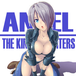 Rule 34 | 1girl, :o, angel (kof), arm support, blue eyes, blue gloves, boots, breasts, brown footwear, chaps, cleavage, collarbone, copyright name, crop top, eyelashes, fingerless gloves, fish.boy, from above, gloves, hair over one eye, highres, jacket, kneeling, large breasts, leaning forward, looking at viewer, midriff, navel, open mouth, panties, shadow, shiny clothes, shiny skin, short hair, silver hair, solo, stomach, the king of fighters, underwear, white background