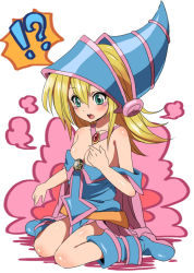 Rule 34 | !?, 1girl, artist request, blonde hair, blush, breasts, cleavage, dark magician girl, duel monster, green eyes, hat, open mouth, simple background, sitting, solo, tagme, wariza, yu-gi-oh!, yuu-gi-ou, yu-gi-oh! duel monsters