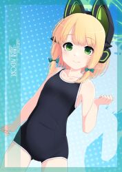 Rule 34 | 1girl, animal ear headphones, animal ears, artist name, black one-piece swimsuit, blonde hair, blue archive, blue background, bow, breasts, cat ear headphones, character name, cowboy shot, fake animal ears, gradient background, green eyes, hair bow, halo, headphones, highres, inaba shiki, long hair, looking at viewer, midori (blue archive), new school swimsuit, one-piece swimsuit, parted bangs, school swimsuit, sidelocks, small breasts, smile, solo, swimsuit