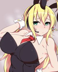 Rule 34 | 1girl, animal ears, blonde hair, blush, breasts, rabbit ears, commentary request, detached collar, fake animal ears, green eyes, hair between eyes, hairband, kuro mushi, large breasts, leotard, long hair, looking at viewer, necktie, playboy bunny, solo, tsurumaki maki, upper body, voiceroid, wrist cuffs