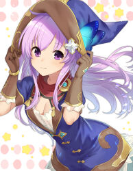 Rule 34 | 1girl, blue dress, blue hat, breasts, brown gloves, character request, cleavage, closed mouth, dress, floating hair, gloves, haru (nakajou-28), hat, highres, leaning forward, long hair, medium breasts, pink hair, purple eyes, short dress, smile, solo, standing, very long hair, witch hat