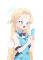Rule 34 | 1girl, absurdres, angel&#039;s 24 uniform (blue archive), angel wings, apron, baozi 9527, blonde hair, blue apron, blue archive, blue eyes, blue halo, blush, cellphone, collared shirt, feathered wings, halo, highres, holding, holding phone, long hair, open mouth, phone, polo shirt, shirt, short sleeves, simple background, solo, sora (blue archive), upper body, white background, white shirt, white wings, wings