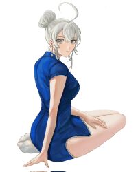 Rule 34 | 1girl, ahoge, alternate costume, alternate hairstyle, blue dress, breasts, china dress, chinese clothes, closed mouth, commentary, dress, earrings, full body, grey eyes, hair bun, highres, jewelry, kantai collection, large breasts, looking at viewer, looking back, nidou, no shoes, short sleeves, simple background, single hair bun, sitting, socks, solo, washington (kancolle), white background, white socks