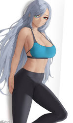 Rule 34 | 1girl, absurdres, bare arms, bikini, black pants, blue sports bra, breasts, cleavage, closed mouth, genshin impact, grey hair, highres, large breasts, long hair, looking at viewer, pants, shenhe (genshin impact), solo, sports bra, standing, swimsuit, thighs, very long hair, white background, yoga pants, zaphn
