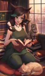 1girl, :d, absurdres, animal, animal ears, animal on shoulder, awan0918, bangs, bare arms, bare shoulders, black hair, book, book stack, breasts, cat, cat ears, cat girl, cat on shoulder, clothes around waist, collarbone, commentary request, cushion, facial mark, final fantasy, final fantasy xiv, full body, gradient hair, green hair, green legwear, highres, holding, holding book, indoors, jewelry, large breasts, long hair, miqo&#039;te, multicolored hair, necklace, open book, open mouth, seiza, sitting, smile, solo, swept bangs, tank top, thighhighs, whisker markings, window