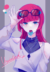 Rule 34 | 1boy, androgynous, blue eyes, candy, food, grey background, heart, heart-shaped lollipop, highres, lollipop, long hair, long sleeves, looking at viewer, male focus, multicolored background, neon (technoroid), open mouth, pink hair, shaped lollipop, shenaa, solo, technoroid, tongue, tongue out