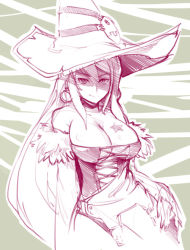 Rule 34 | 1girl, bare shoulders, breast tattoo, breasts, cleavage, corset, drawfag, earrings, hat, jewelry, large breasts, long hair, luminous arc, monochrome, sketch, solo, tattoo, vanessa (luminous arc), very long hair, witch, witch hat