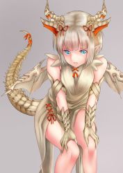 Rule 34 | 1girl, armlet, blonde hair, blue eyes, commentary request, dragon girl, dragon horns, dragon tail, dragon wings, dress, fingernails, gauntlets, gloves, grey background, hair ribbon, hands on own knees, highres, horns, leaning forward, legs, light frown, long dress, looking at viewer, maruhitarou, miru (p&amp;d), orange ribbon, partially submerged, pointy ears, puzzle &amp; dragons, ribbon, sharp fingernails, short hair, side slit, simple background, solo, standing, tail, tail ornament, tail ribbon, wings, yellow dress, yellow gloves