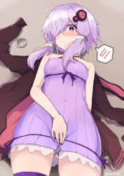 Rule 34 | 1girl, ahoge, bare arms, bare shoulders, blush, breasts, brown jacket, closed mouth, commentary request, covering privates, covering crotch, criss-cross halter, dress, grey background, hair ornament, hair over one eye, halterneck, jacket, unworn jacket, long hair, looking at viewer, panties, purple dress, purple eyes, purple hair, small breasts, solo, sou (soutennkouchi), spoken blush, sweat, twitter username, underwear, vocaloid, voiceroid, white panties, yuzuki yukari
