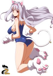 Rule 34 | 1girl, animal ears, animal hands, ass, bell, blush, breasts, cat ears, cat tail, claws, clearite, competition swimsuit, gloves, hairband, highres, huge ass, idolmaster, idolmaster (classic), large breasts, long hair, looking back, one-piece swimsuit, paw gloves, purple eyes, shijou takane, silver hair, solo, swimsuit, tail, tail bell, tail ornament