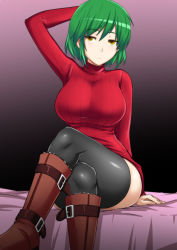 Rule 34 | 10s, 1girl, arm over head, arm support, bad id, bad pixiv id, black thighhighs, boots, breasts, brown footwear, crossed legs, green hair, highres, hikage (senran kagura), jitome, knee boots, large breasts, okyou, ribbed sweater, senran kagura, short hair, sitting, slit pupils, solo, sweater, thighhighs, thighs, yellow eyes, zettai ryouiki