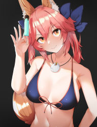 Rule 34 | 1girl, animal ear fluff, animal ears, bikini, black background, blue bikini, blue ribbon, breasts, cleavage, closed mouth, collarbone, commentary, fate/grand order, fate (series), food, fox ears, fox girl, fox tail, front-tie bikini top, front-tie top, hair ribbon, highres, ice, large breasts, light smile, mokakeke, pink hair, popsicle, ribbon, side-tie bikini bottom, simple background, solo, swimsuit, tail, tamamo (fate), tamamo no mae (fate/extra), tamamo no mae (swimsuit lancer) (fate), yellow eyes