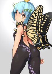 Rule 34 | 1girl, antennae, aqua hair, black leotard, brown eyes, butterfly wings, closed mouth, cowboy shot, eternity larva, fairy, gradient background, hair between eyes, highres, huxiao (mistlakefront), insect wings, leaf, leaf on head, leotard, looking back, short hair, signature, solo, touhou, wings