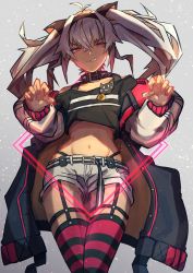 Rule 34 | 10yen kabu, 1girl, antenna hair, blush, cowboy shot, crop top, dark-skinned female, dark skin, fang, from below, grey background, grin, groin, hair between eyes, highres, jacket, long hair, long sleeves, matsukai mao, matsukai mao (1st costume), navel, nijisanji, parted lips, short shorts, shorts, smile, solo, striped clothes, striped thighhighs, thighhighs, twintails, virtual youtuber, white shorts