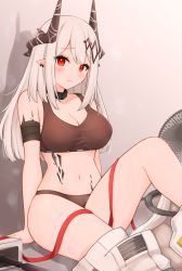 Rule 34 | 1girl, arknights, arm support, armband, bare shoulders, black choker, black panties, blush, breasts, choker, cleavage, commentary request, crop top, highres, horns, large breasts, long hair, looking at viewer, material growth, midriff, mudrock (arknights), mudrock (elite ii) (arknights), navel, oripathy lesion (arknights), panties, partial commentary, red eyes, risshu, silver hair, sitting, solo, sports bra, stomach, thighs, underwear