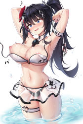 Rule 34 | 1girl, absurdres, armband, armpits, arms behind head, arms up, bare shoulders, bikini, bikini skirt, black bikini, black hair, blue eyes, blush, breasts, cleavage, constricted pupils, flower, hair flower, hair ornament, halterneck, highleg, highleg bikini, highres, k.t.cube, large breasts, long hair, looking away, midriff, mismatched bikini, navel, nipples, nose blush, open mouth, original, ponytail, see-through, simple background, skindentation, smile, solo, standing, stomach, string bikini, swimsuit, thigh strap, thighs, underboob, wading, wardrobe malfunction, water, wet, wet clothes, wet swimsuit, white background, white bikini