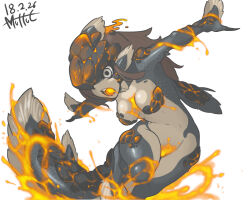Rule 34 | 1girl, animal ears, animal hands, artist name, between breasts, black nails, breasts, brown hair, colored tongue, dated, dragon girl, dragon tail, fingernails, fins, fire, grey eyes, head fins, highres, knee up, korean commentary, large breasts, lavasioth, leaning to the side, liquid, long fingernails, long hair, medium breasts, lava, monster girl, monster hunter, monster hunter: world, monster hunter (series), muhut, navel, nude, one eye covered, open mouth, orange tongue, outstretched arms, personification, scales, sharp fingernails, sidelocks, simple background, solo, spread arms, tail, white background