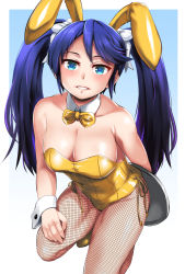 Rule 34 | 1girl, absurdres, animal ears, blue eyes, blue hair, bow, bowtie, breasts, cowboy shot, detached collar, fake animal ears, fishnet pantyhose, fishnets, gradient background, highres, isuzu (kancolle), kantai collection, large breasts, leotard, long hair, looking at viewer, pantyhose, parted lips, playboy bunny, rabbit ears, solo, standing, standing on one leg, strapless, strapless leotard, tray, twintails, white background, wrist cuffs, yellow bow, yellow bowtie, yellow leotard, yellow quokka