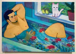 Rule 34 | 1boy, absurdres, acrylic paint (medium), arm behind head, armpits, bara, bathing, bathtub, bird, cat, completely nude, feet out of frame, fish, fish tank, from above, goldfish, grass, green bird, highres, knee up, light smile, looking ahead, male focus, mature male, moss, muscular, muscular male, nipples, nude, original, painting (medium), pectorals, photo (medium), plant, potted plant, short hair, sideburns, solo, thick eyebrows, thighs, torajiro art, traditional media, white cat, window