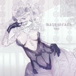 Rule 34 | 1girl, areola slip, black gloves, covered erect nipples, djeeta (granblue fantasy), dress, gloves, granblue fantasy, hair between eyes, hair ornament, hand on own hip, koza game, mask, unworn mask, masquerade (granblue fantasy), masquerade mask, monochrome, parted bangs, patterned clothing, see-through, sketch, solo