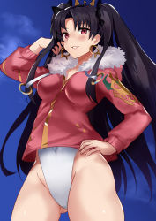 Rule 34 | 1girl, bad id, bad pixiv id, black hair, blush, breasts, covered navel, cowboy shot, day, earrings, fate/grand order, fate (series), fur trim, grin, ishtar (fate), ishtar (fate), jacket, jewelry, jilllxlxl, long hair, one-piece swimsuit, smile, solo, swimsuit, swimsuit under clothes, tohsaka rin, twintails