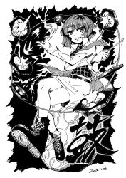Rule 34 | 1girl, ankle boots, bare legs, belt, belt buckle, blazer, boots, buckle, cross-laced footwear, crossed arms, crossed legs, dated, drum, drum set, drumsticks, greyscale, grin, hair between eyes, heran hei mao, horikawa raiko, instrument, jacket, lace-up boots, lightning bolt symbol, long sleeves, looking at viewer, mallet, monochrome, music, necktie, playing instrument, shiny clothes, shirt, shoe soles, short hair, sitting, sitting on drum, skirt, smile, spinning, touhou, wavy hair