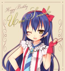 Rule 34 | 10s, 1girl, ;d, blue hair, blush, bokura wa ima no naka de, bow, character name, fingerless gloves, gloves, hair bow, hand on own hip, happy birthday, highres, karaage3, long hair, love live!, love live! school idol project, one eye closed, open mouth, smile, solo, sonoda umi, wink, yellow eyes