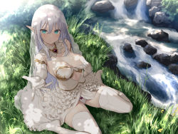 Rule 34 | 1girl, aqua eyes, bow, bow panties, breasts, detached collar, dress, elbow gloves, gloves, hair between eyes, highres, large breasts, looking at viewer, non-web source, oekakizuki, original, outdoors, outstretched hand, panties, pointy ears, silver hair, sitting, solo, strapless, strapless dress, thighhighs, underwear, veil, wariza, white dress, white gloves, white panties, white thighhighs